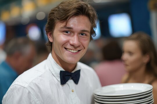 A cheerful waiter carrying a stack of clean plates, smiling at the camera. He is wearing a formal attire