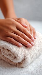 Close-up of Womans Hands with Soft Pink Nails on a Fluffy Towel, Spa Day Concept