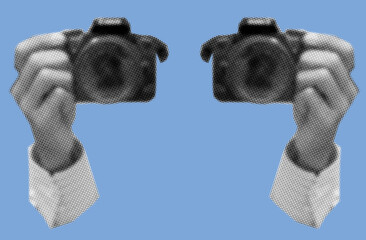 close up of hand taking picture with DSLR camera pixelate black and white color halftone dotted texture style collage element isolated on blue background