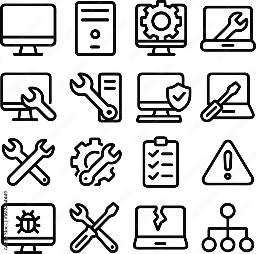 Poster outline simple computer repair service and maintenance icon set collection