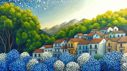 Vibrant painting depicts charming village nestled among lush green trees and colorful hydrangea bushes, with backdrop of majestic mountains under starry sky. scene exudes tranquility and beauty