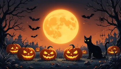 A spooky Halloween scene with glowing jack-o'-lantern pumpkins, with a big full moon in the background