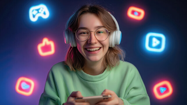 A young woman enthusiastically playing a video game, surrounded by glowing social media icons