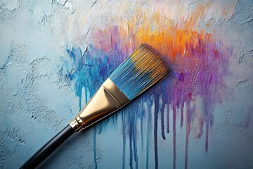 Obraz premium Close-up of paintbrush with blue and orange paint on textured wall creating colorful dripping effect