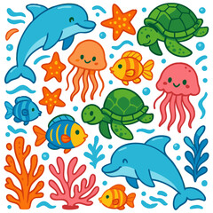 Naklejka premium Vector art of a whimsical underwater world filled with friendly cartoon dolphins, turtles, jellyfish, fish, and starfish in vibrant colors isolated on transparent background