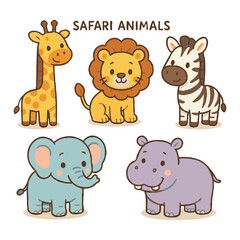 Fototapeta premium Vector art of a delightful collection of cute cartoon safari animals, including a giraffe, lion, zebra, elephant, and hippopotamus isolated on transparent background