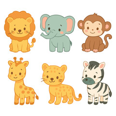 Vector art of a delightful set of baby safari animals including a lion, elephant, monkey, giraffe, leopard, and zebra isolated on transparent background