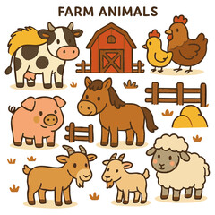 Fototapeta premium Vector art of a charming collection of cute farm animals including a cow, pig, horse, sheep, goat, and chickens isolated on transparent background