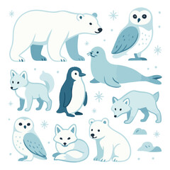 Vector art of a charming group of arctic animals including a polar bear, penguin, owl, fox, and seal isolated on transparent background