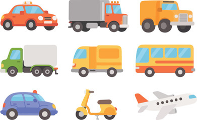 Collection of cartoon vehicles including cars trucks bus airplane and scooter isolated on transparent background