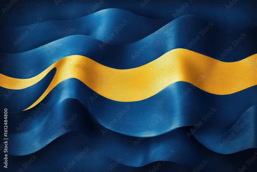 Poster wavy blue fabric with a smooth yellow stripe flowing horizontally, creating a dynamic and elegant te