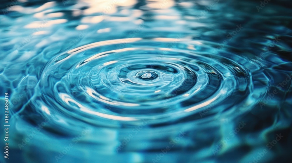 Poster close-up of a water surface with concentric ripples radiating from a central droplet causing gentle 