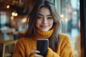 Young woman in cozy mustard yellow sweater smiling warmly while holding a smartphone indoors near a window with soft natural light