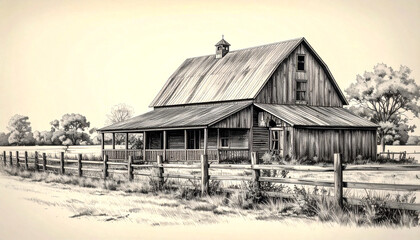 20th Century Architectural Sketch on Aged Paper: Old Wooden Barn in Early to Mid 1900's American Midwest 105