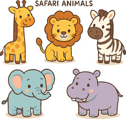Vector art of a delightful collection of cute cartoon safari animals, including a giraffe, lion, zebra, elephant, and hippopotamus isolated on transparent background
