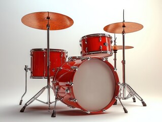 Red drum set with cymbals on chrome stands against a white background, showcasing a vibrant and polished musical instrument setup