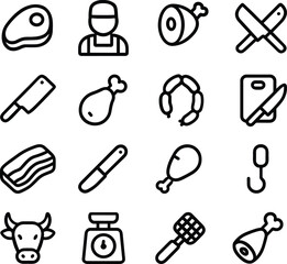 Simple Outline Meat and Butchery Elements Food Production Icon Set