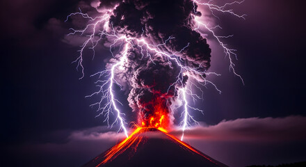 Volcanic eruption with lightning strikes natural landscape photography dramatic atmosphere night view awe-inspiring power
