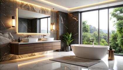 Contemporary bathroom with freestanding bathtub, large mirror, marble walls, and ambient lighting