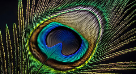 Obraz premium Vibrant peacock feather close-up nature photography macro shot colorful patterns artistic perspective