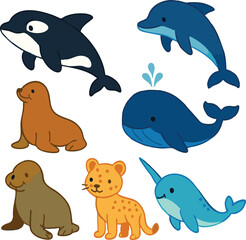 Vector art of an adorable collection of marine animals such as a whale, dolphin, orca, narwhal, and seals isolated on transparent background