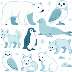 Vector art of a charming group of arctic animals including a polar bear, penguin, owl, fox, and seal isolated on transparent background
