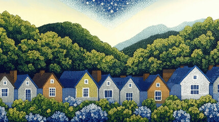 Charming row of colorful houses nestled among lush green hills under starry night sky, evoking sense of tranquility and community