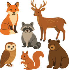 Vector art of a charming group of woodland animals, including a fox, deer, raccoon, owl, squirrel, and bear, depicted in a delightful illustration isolated on transparent background
