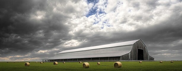 Wide green field with scattered round hay bales under a dramatic cloudy sky next to a large rustic barn