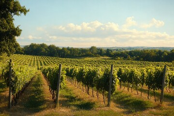 Expansive vineyard with rows of grapevines under a bright blue sky with scattered clouds, surrounded by trees and distant hills in warm sunlight