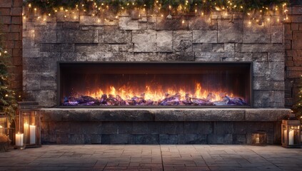 Cozy outdoor fireplace with warm lights and greenery