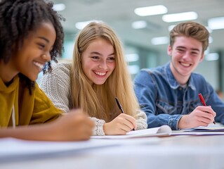 Obraz premium Happy Diverse Students Collaborating on Project, Studying Together in Classroom