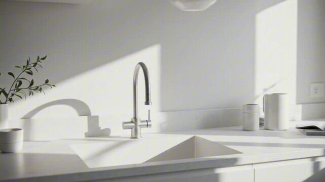 Modern kitchen sink area with faucet white countertop plant and decorative items in bright sunlight