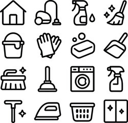 Minimalist Outline Cleaning Supply and Equipment Set Line Art Icon