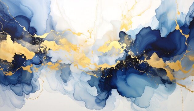 Abstract fluid art in shades of blue and gold