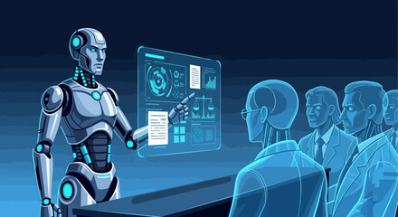 Futuristic Robot Presenting Data to a Group of Humanoid Figures in Blue Tones