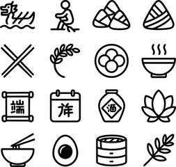 Outline Chinese Traditional Dragon Boat Festival Culture Food Icon Set