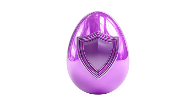 A glossy, vibrant purple egg with a silver shield emblem
