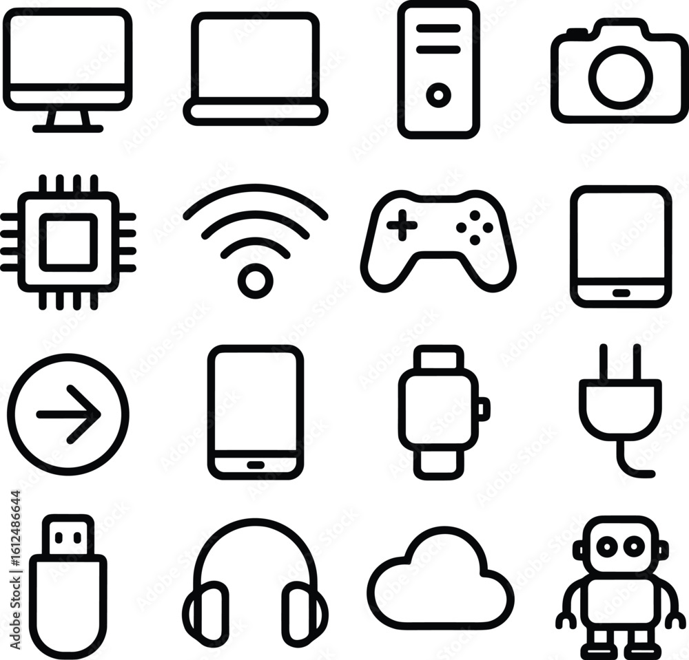 Poster simple line drawing digital devices and technology set of icons