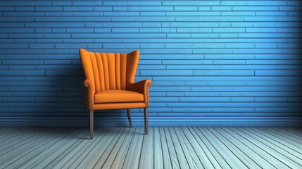 Vibrant orange armchair sits against striking blue brick wall, creating bold contrast in modern interior setting. wooden floor adds warmth to minimalist design