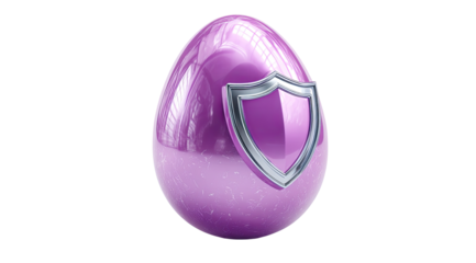 A glossy, vibrant purple egg with a metallic silver shield affixed to its surface
