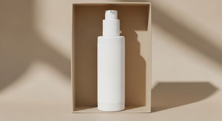 Elegant White Pump Bottle in Beige Box with Natural Sunlight Shadows