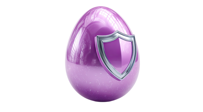A glossy, vibrant purple egg with a metallic silver shield affixed to its surface