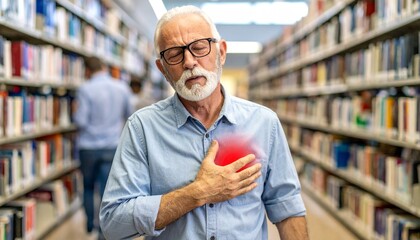 Senior man experiencing sudden chest pain and a heart attack while standing in a public library.