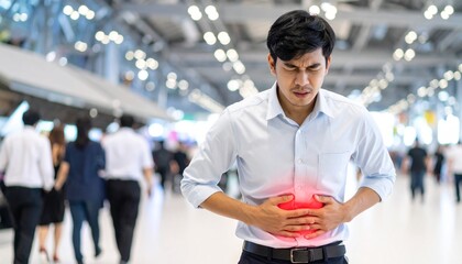 Young Asian man with a sudden stomach ache holding his abdomen in a public space, suffering from digestive issues