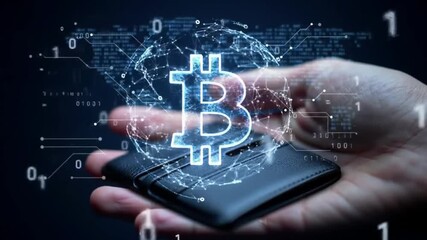 Hand holding bitcoin symbol with digital network representing cryptocurrency future - Powered by Adobe