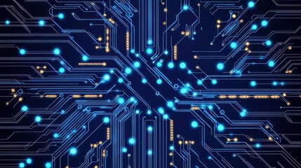 Close-up view of electronic circuit board with glowing blue and orange light connections representing data flow and digital technology