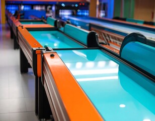 Bowling alley lanes, vibrant turquoise and orange