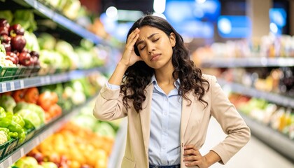 Stressed woman feeling overwhelmed by high food prices and difficult choices in a supermarket aisle.