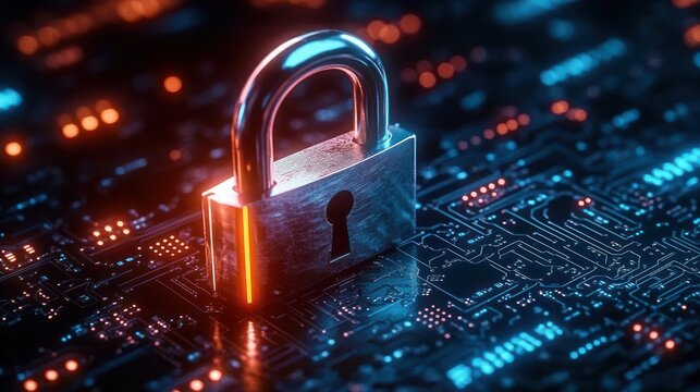 Shiny metal padlock resting on a glowing digital circuit board symbolizing cybersecurity and data protection with vivid blue and orange lights